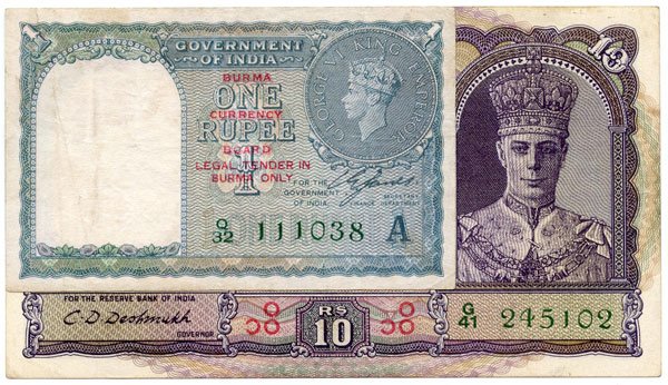 BURMA. George VI: 1 & 10-Rupee ND 1945 Q/32 111038 & G/: BURMA. George VI: 1 & 10-Rupee ND 1945 Q/32 111038 & G/41 245102 (P.25b, 28)Usual staple holes, VF (2pcs)