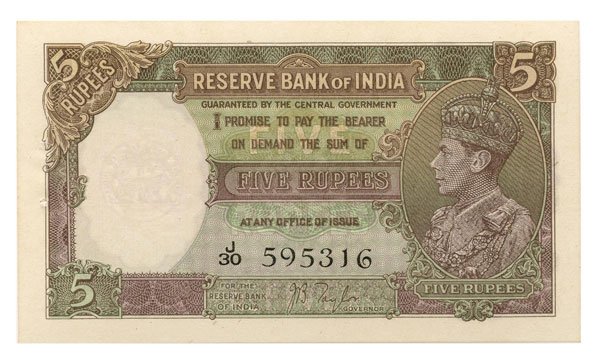 INDIA. George VI: 5-Rupees 1937 s/n. J30 595316 (P.18a): INDIA. George VI: 5-Rupees 1937 s/n. J30 595316 (P.18a) Usual staple holes, original UNC
