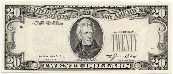 USA. Federal Reserve Note $20 Series of 1985 error note: USA. Federal Reserve Note $20 Series of 1985 error note "missing serial numbers and seal" (P.477). Light stain at top right, Original UNC