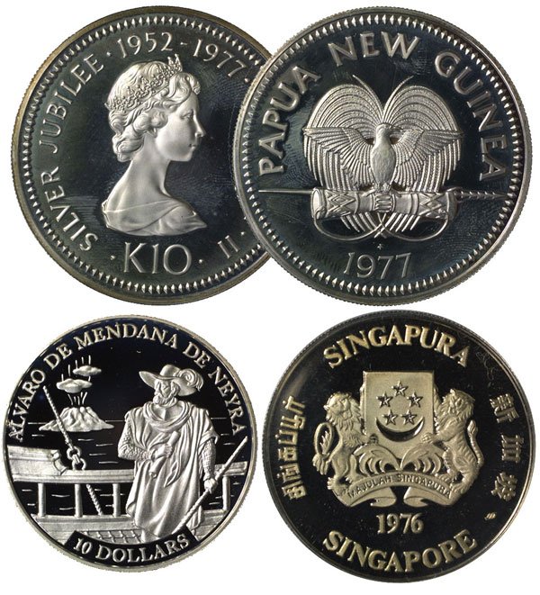 WORLD Silver Proof (9pcs): WORLD / 世界 Silver Seychelles Proof 5-and10-Rupees, Seoul Nickel 2,000-Won (unc) (3) in red case, Singapore Proof $10 1976 case and cert, Papua New Guinea Proof K10 1977 (2pcs) and Solomo