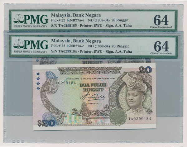 MALAYSIA 5th Series: RM20 1st Pre pair: MALAYSIA - MODERN ISSUES / 马来西亚－现代发行 5th Series: RM20 First prefix pair TA0299184-85 (KNB27a) PMG 64 (2pcs)