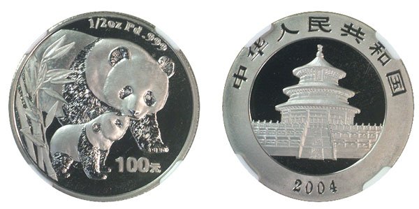 CHINA. PEOPLE'S REPUBLIC ##China Palladium 100 Yuan: CHINA / 中国 PEOPLE'S REPUBLIC ##China Palladium 100 Yuan 2004 Panda 1/2oz Proof - NGC PF69UC w Cert