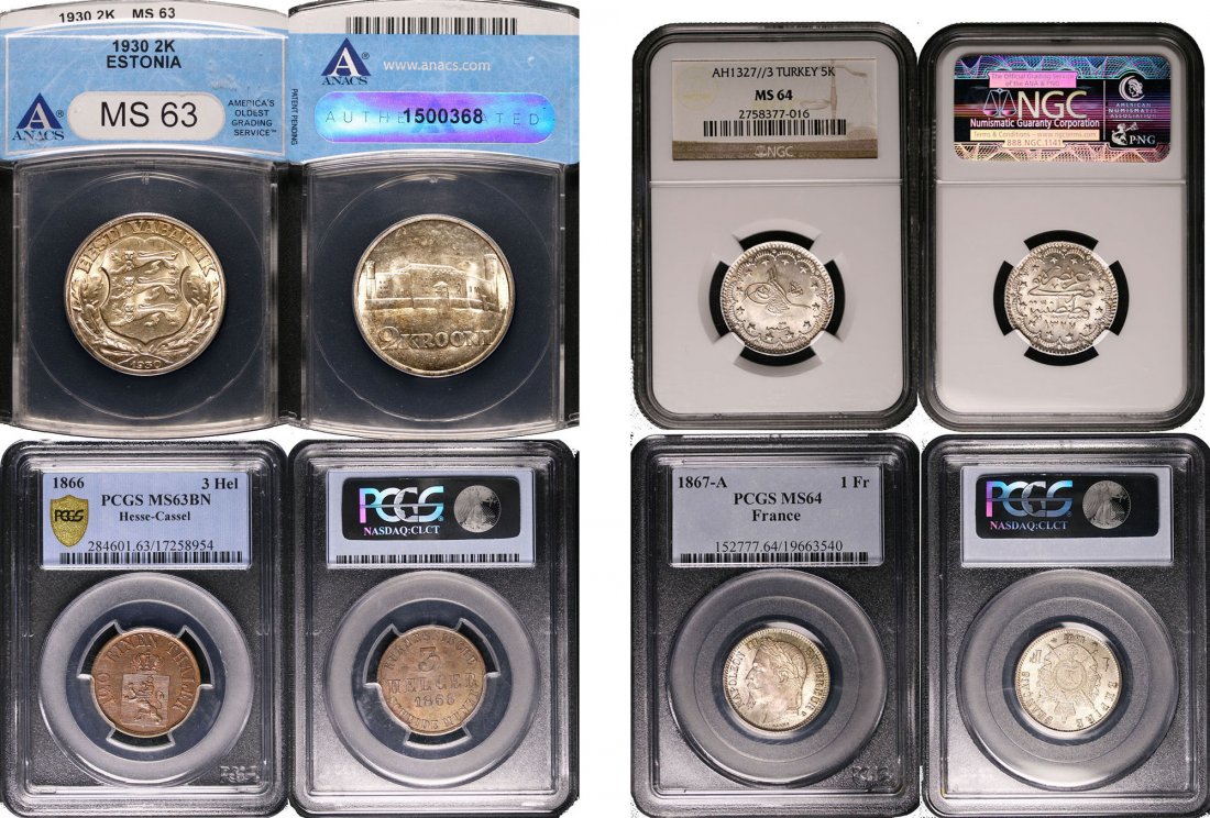 WORLD. World: Estonia: Silver 2-Krooni 1930. ANACS MS: WORLD / 世界 World: Estonia: Silver 2-Krooni 1930. ANACS MS 63. Germany: Copper 3-Heller 1866 Hesse-Cassel (KM#612) PCGS MS63BN Secured Plus. France: Silver 1-Francs 1867-A (KM#807.1) PCGS