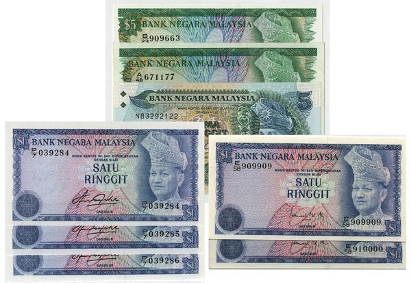 MALAYSIA - MODERN ISSUES. 3rd & 4th Series: RM1 E/58: MALAYSIA - MODERN ISSUES / 马来西亚－现代发行 3rd & 4th Series: RM1 E/58 909909 (radar) & 910000 (KNB13a). RM1 consecutive P/7 039284-86 (KNB19) O