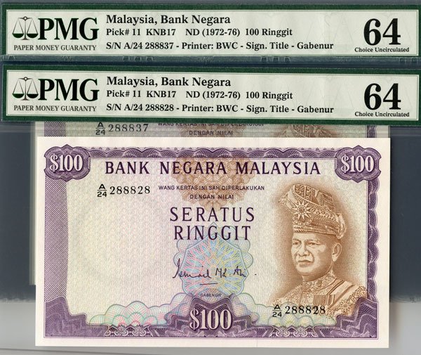 MALAYSIA - MODERN ISSUES. 3rd Series: RM100: MALAYSIA - MODERN ISSUES / 马来西亚－现代发行 3rd Series: RM100 consecutive 10 runs A/24 288828-837 (KNB17) All PMG 64 (10pcs)
