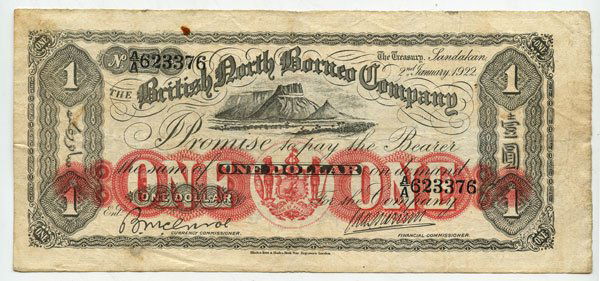 BRITISH NORTH BORNEO. British North Borneo Company:: BRITISH NORTH BORNEO / 英国北婆罗门 British North Borneo Company: $1, 2nd January 1922 A/A 623376 (KNB5) Small hole at centre, patched work at bottom left, stains,