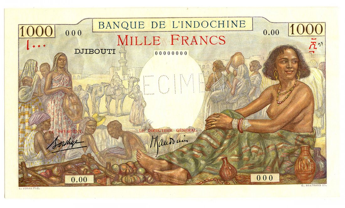 FRENCH SOMALILANDFrench Somaliland specimen 1000F ND: FRENCH SOMALILANDFrench Somaliland specimen 1000F ND 1938 c/# 97 (P10s) Pressed about UNC