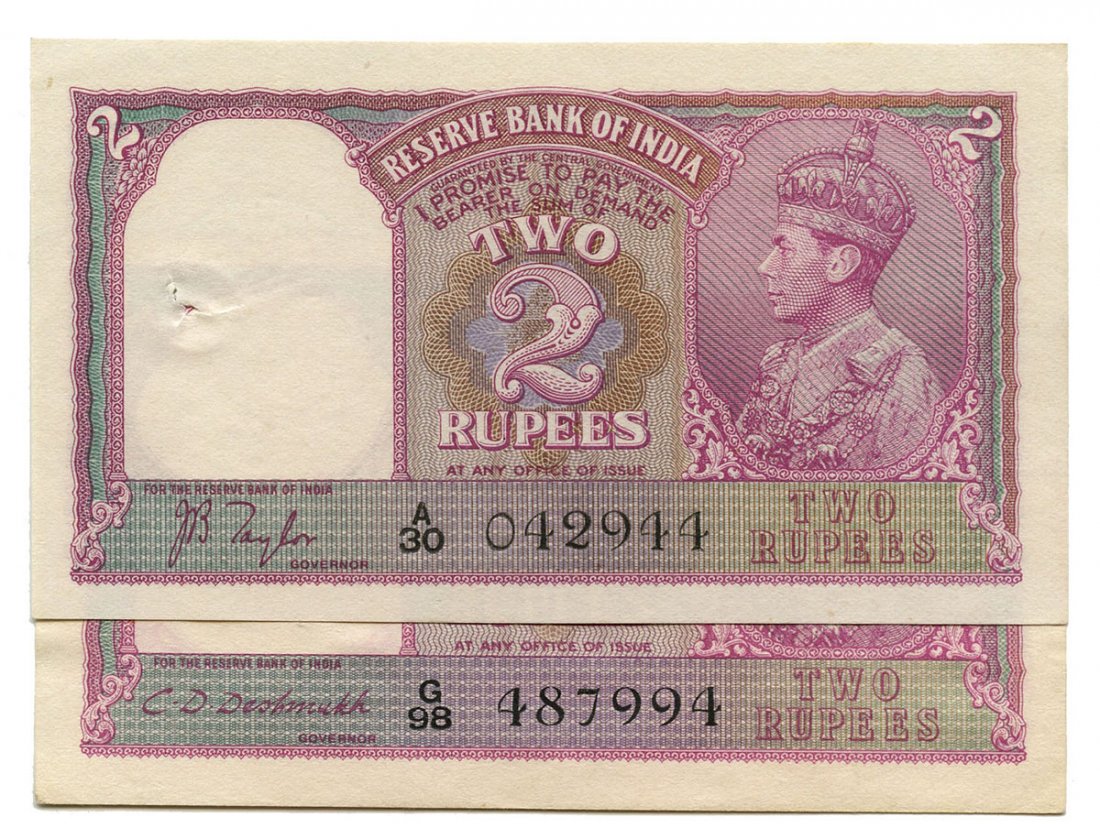 INDIA George VI: 2-Rupees ND (1937-43) A/30 042944 &: INDIA George VI: 2-Rupees ND (1937-43) A/30 042944 & G/98 487994 (P.2a,b) Usual staple/spindle holes, original AU-UNC(2pcs)