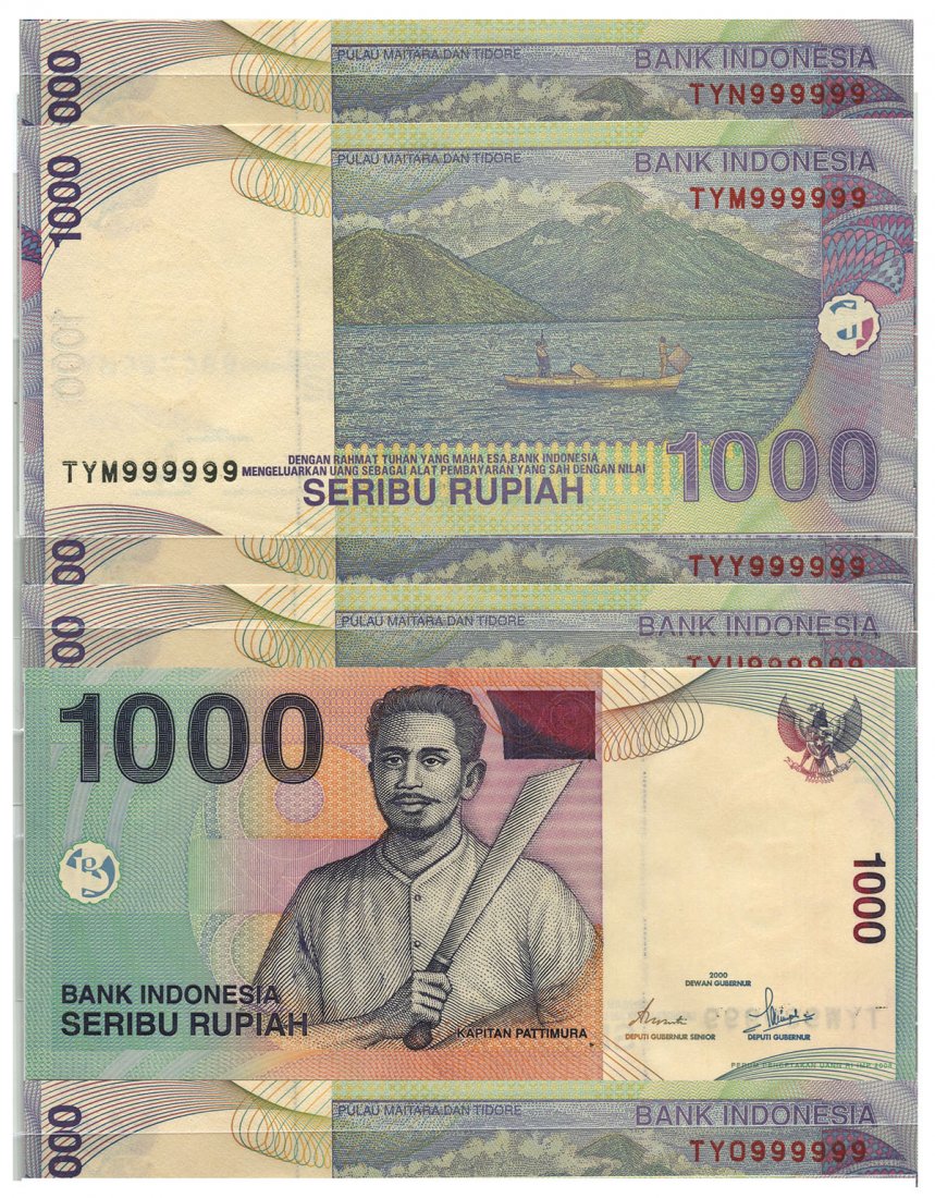 INDONESIA Bank Indonesia: 1000-Rupiah 2000 prefixes: INDONESIA Bank Indonesia: 1000-Rupiah 2000 prefixes TYA,B,C,D,E,F,G,H,I,J,K,L,M,N,O,P,Q,R,S,T,U,V,W,Y,Z solid numbers 999999 (P.141a) Original UNC (25pcs)
