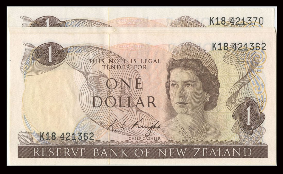 NEW ZEALAND Elizabeth II: $1 ND (1977-77) R.L.Knight: NEW ZEALAND Elizabeth II: $1 ND (1977-77) R.L.Knight consecutive K18 421362-70 (P.163c) Original UNC (9pcs)