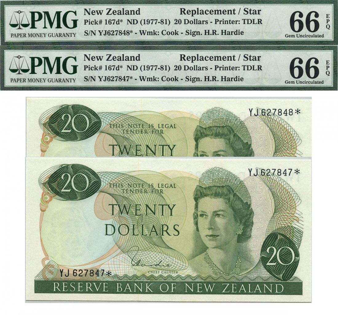 NEW ZEALAND Elizabeth II: $20 ND (1977-81) H.R.Hardie: NEW ZEALAND Elizabeth II: $20 ND (1977-81) H.R.Hardie Replacement note pair YJ627847-48* (P.167d) PMG 66 EPQ. Rare. (2pcs)