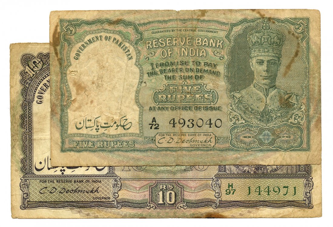 PAKISTAN George VI: 5-Rupees A/72 493040 & 10-Rupees: PAKISTAN George VI: 5-Rupees A/72 493040 & 10-Rupees H/97 144971, ND (1947-48) (P.2,3) Rare. Usual spindle holes, graffiti, stains, F-GF (2pcs)