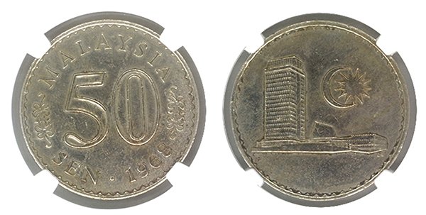 MALAYSIA Cu-Ni: 50-Sen 1968 "No Security Edge". Scarce.: MALAYSIA Cu-Ni: 50-Sen 1968 "No Security Edge". Scarce. NGC AU Details.