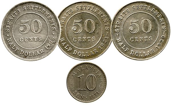 STRAITS SETTLEMENTS Silver: 50-Cents silver 1908, 1920,: STRAITS SETTLEMENTS Silver: 50-Cents silver 1908, 1920, 1921 and Malaysia 10 cents 1971 (KM 24, 35.1,) F-EF (4pcs)