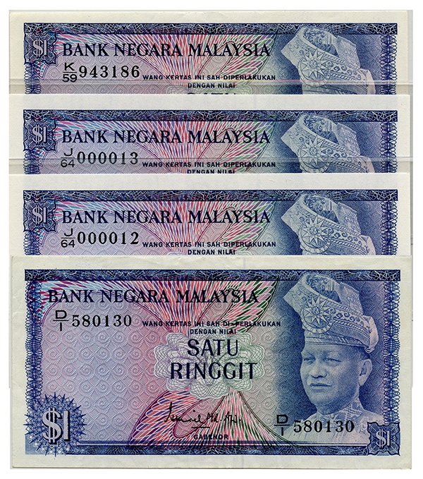 MALAYSIA 1st, 2nd, 3rd Series: RM1 D/1 580130, E/28: MALAYSIA 1st, 2nd, 3rd Series: RM1 D/1 580130, E/28 881161-62, E/30 920404, 920411, D/70 455491-92, J/64 00012-13, K/59 943186 (KNB1,7,13) All original, D/1 GVF, the rest generally AU-UNC (10pcs)
