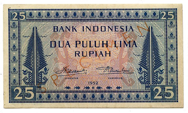 INDONESIA Bank Indonesia: Specimen 25-Rupiah 1952: INDONESIA Bank Indonesia: Specimen 25-Rupiah 1952 QHT010107. Stapled holes, some small rust spots, original UNC.