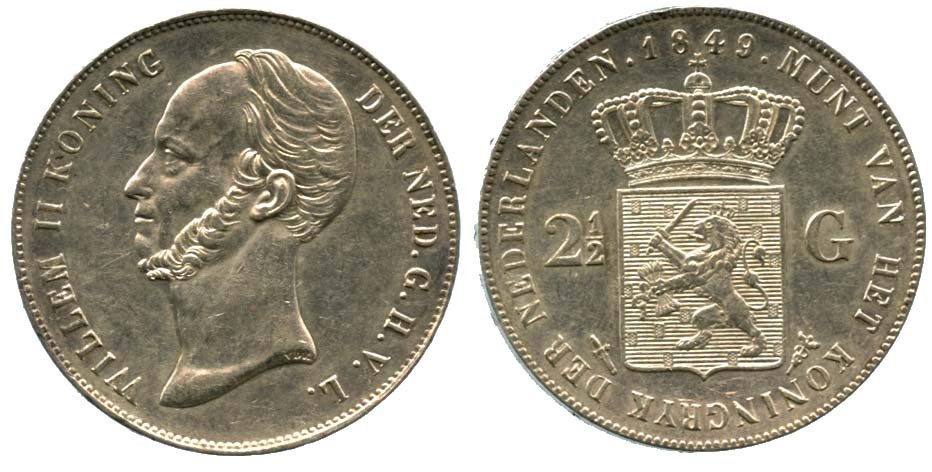 NETHERLANDS Silver: 2 1/2-Gulden 1849 (1 of 1)
