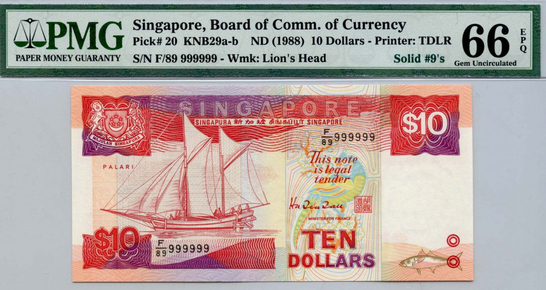 SINGAPORE Ship Series: $10 1988 F/89 999999 (1 of 1)