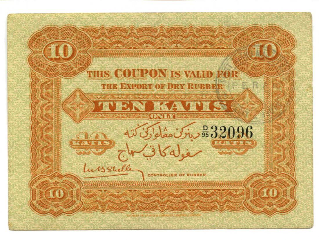 MALAYSIA Perak: Rubber coupon 10-Katis 1935 (1 of 1)