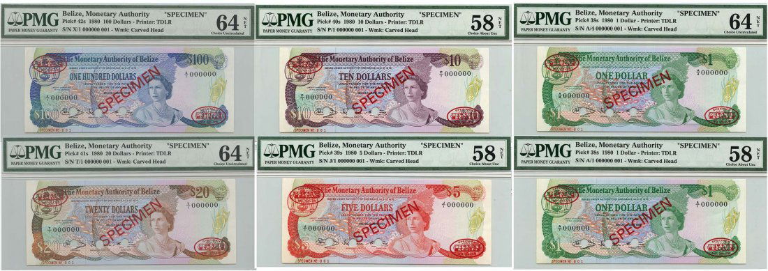 BELIZE Elizabeth II: $1 - $100 Specimen (6pcs) (1 of 1)