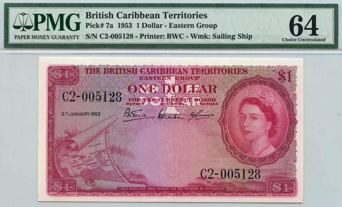 BRITISH CARIBBEAN TERRITORIES: Elizabeth II: $1, 5 January 1953 C2 005128. PMG Choice UNC 64