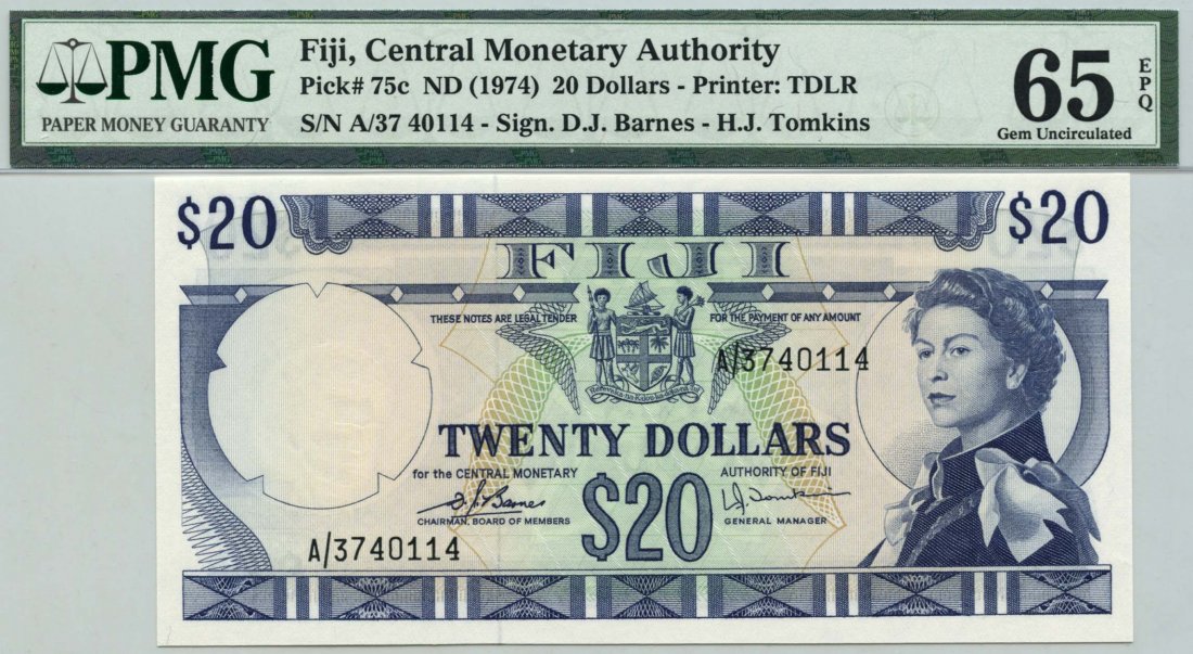 FIJI Elizabeth II: $20 1974: Elizabeth II: $20 1974 s/n. A/37 40114 (P.75c) PMG 65 EPQ