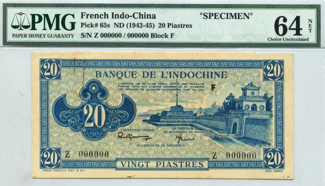 FRENCH INDO-CHINA Specimen 20-Piastres ND (1942-45) (1 of 1)
