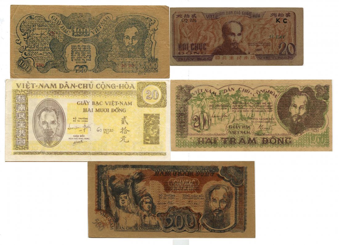 VIETNAM 20-Dong ND (1953) (5pcs): Vietnam: 20-Dong ND (1953) (P.41b), 20-Dong ND (yellow colour), 100-Dong 1949, (P.30b), 200-Dong ND (1950) (P.34a), and 500-Dong ND (P.31) As issued, original VF-EF (5pcs)