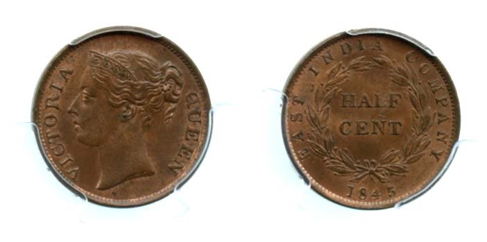 STRAITS SETTLEMENTS  Victoria: Copper 1/2-Cent 1845 (1 of 1)