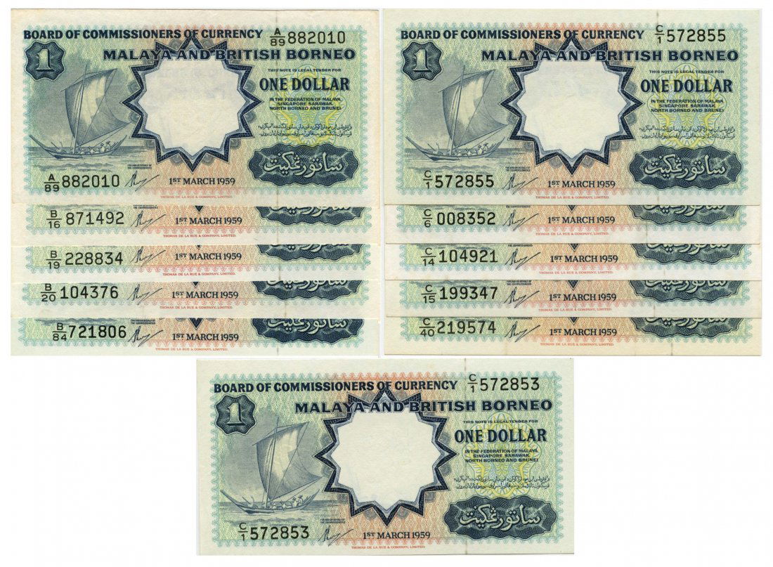 MALAYA & BRITISH BORNEO: Sailing Boat: $1 1959 A/89 882010, B/16 871492, B/19 228834, B/20 104376, B/84 721806, C/1 572853, C/1 572855, C/6 008352, C/14 104921, C/15 199347, C/40 219574 (KNB8a) GEF-UNC (11pcs)