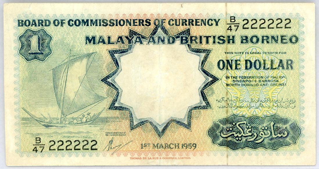 MALAYA & BRITISH BORNEO  $1 1959 Solid no. B/47 222222 (1 of 1)
