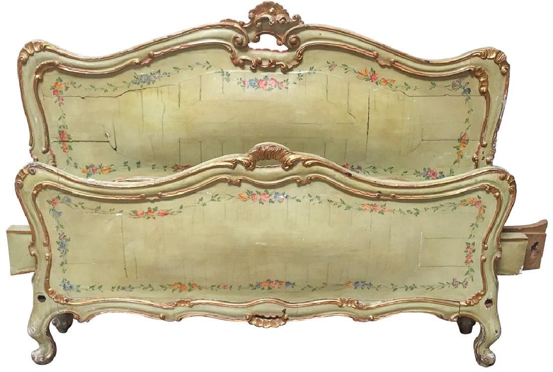 Early 20th Century Italian Veneitan Bed: Old Painted Finish, With Gilt Highlights. With Rails, 67 X My 52 High, Some Age And Wear As Shown