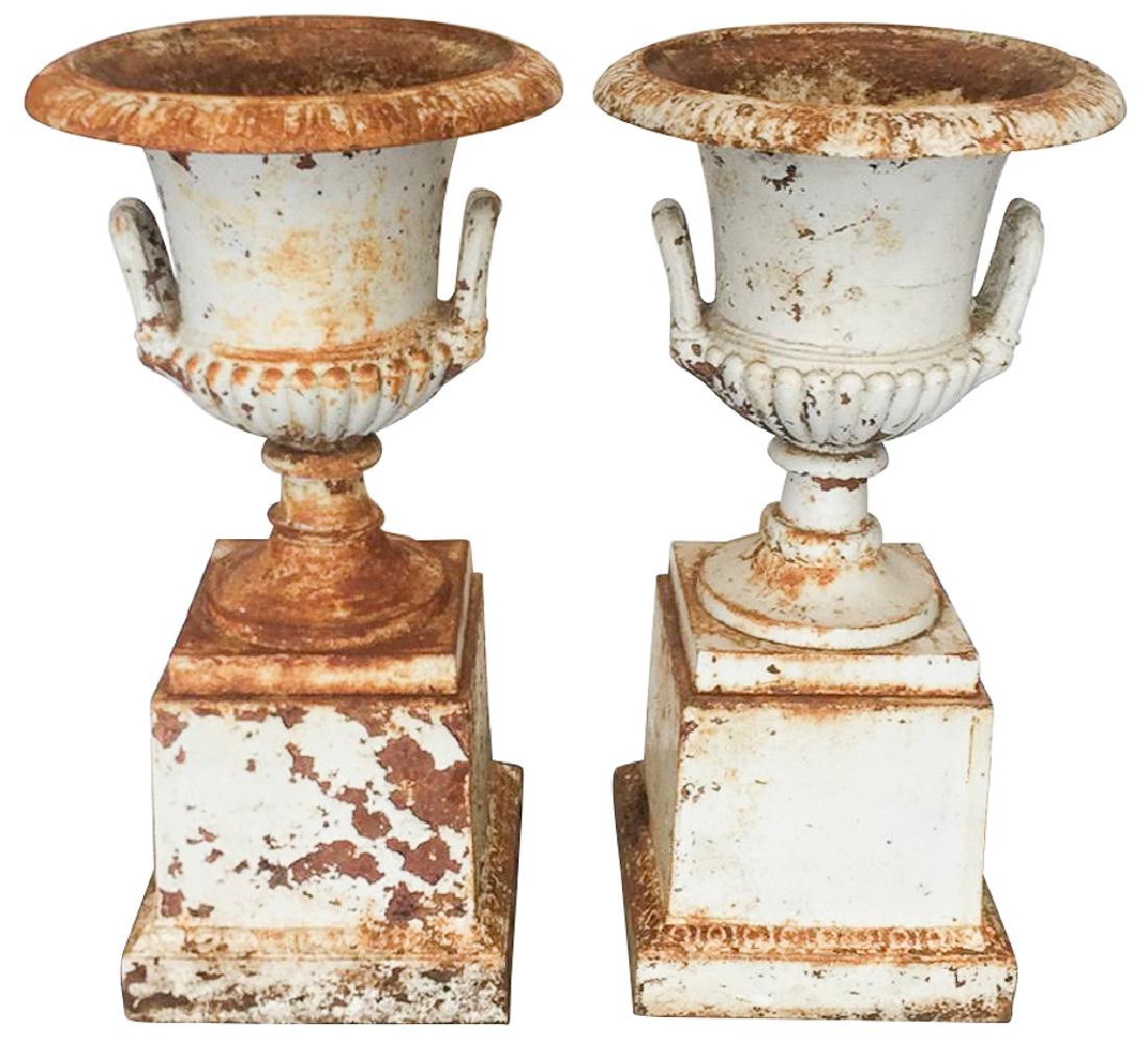 Pair Of Antique French Cast Iron Garden Urns,