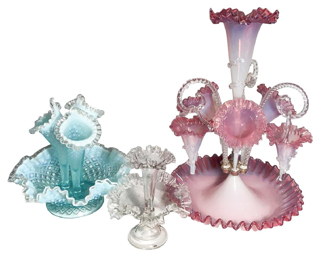 3 Victorian Glass Epergnes, One Hobnail: pattern, a large pink opalescent and a clear crystal, pink one is 20" highMissing one drop tear
