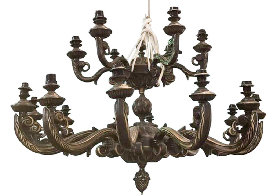 A Heavy Cast Bronze 2 Tier Chandelier, P: Needs further assembly; fixture is complete , see thumbnail photos. Approx 42 h x 36 wide when assembled