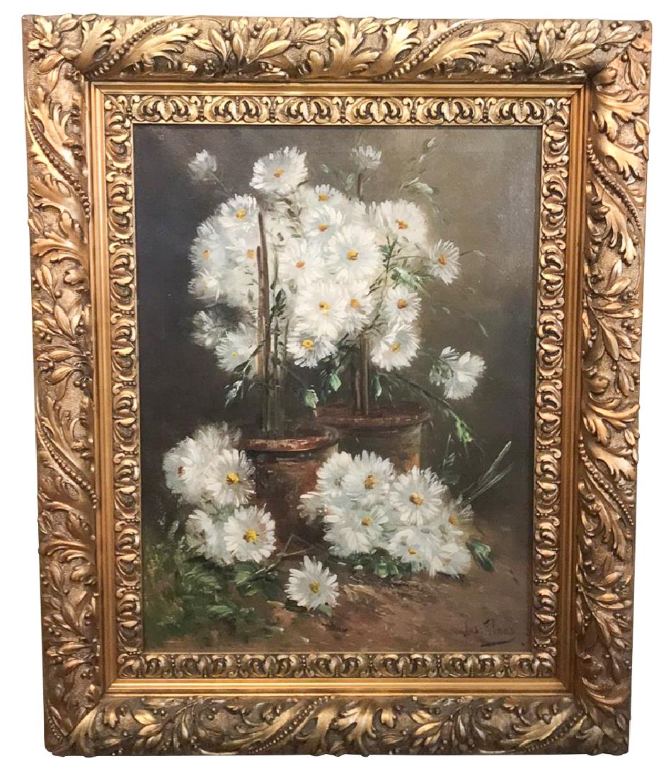 Belgian School Oil On Canvas Still Life,: daisies, and original gilt wood frame, sign lower right JAS. FLAAS, 25 x 35 over all, Excellent condition