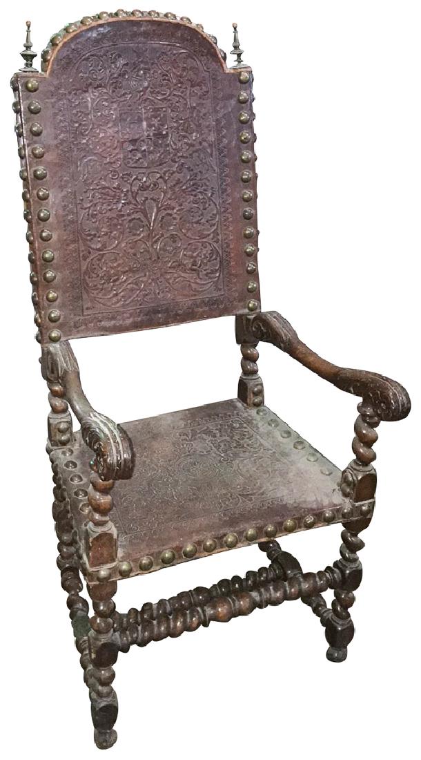 French Walnut Embossed Leather Armchair, 19th (1 of 4)