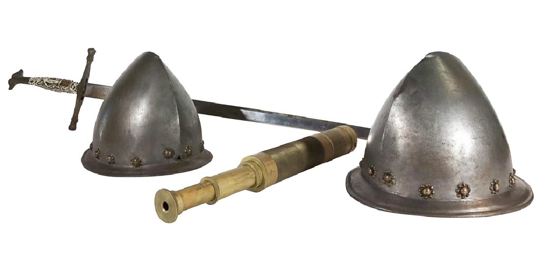 2 Early Pewter Helmets Together With English: telescope And a bone handled sword