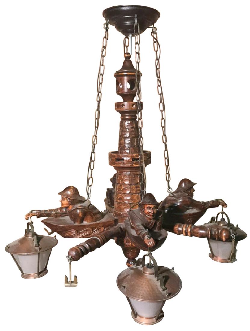 Whimsical Belgian Nautical Wood Chandelier, (1 of 3)