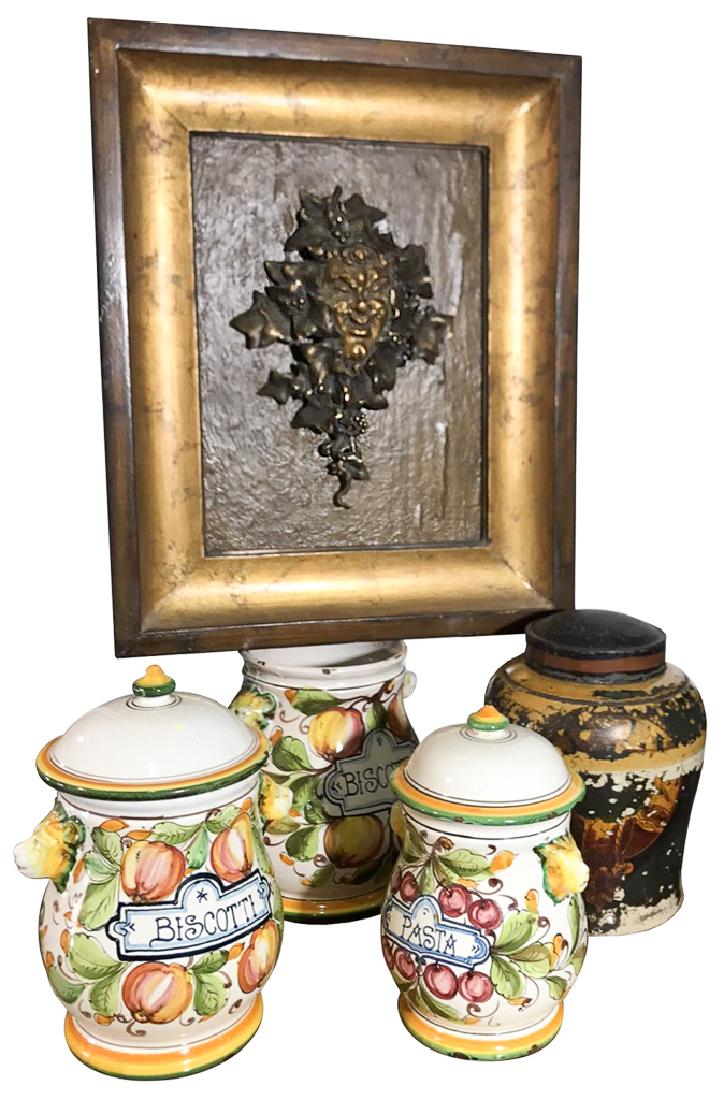 Group Lot; Bronze Plaque, 3 Pasta Jars And Old (1 of 3)