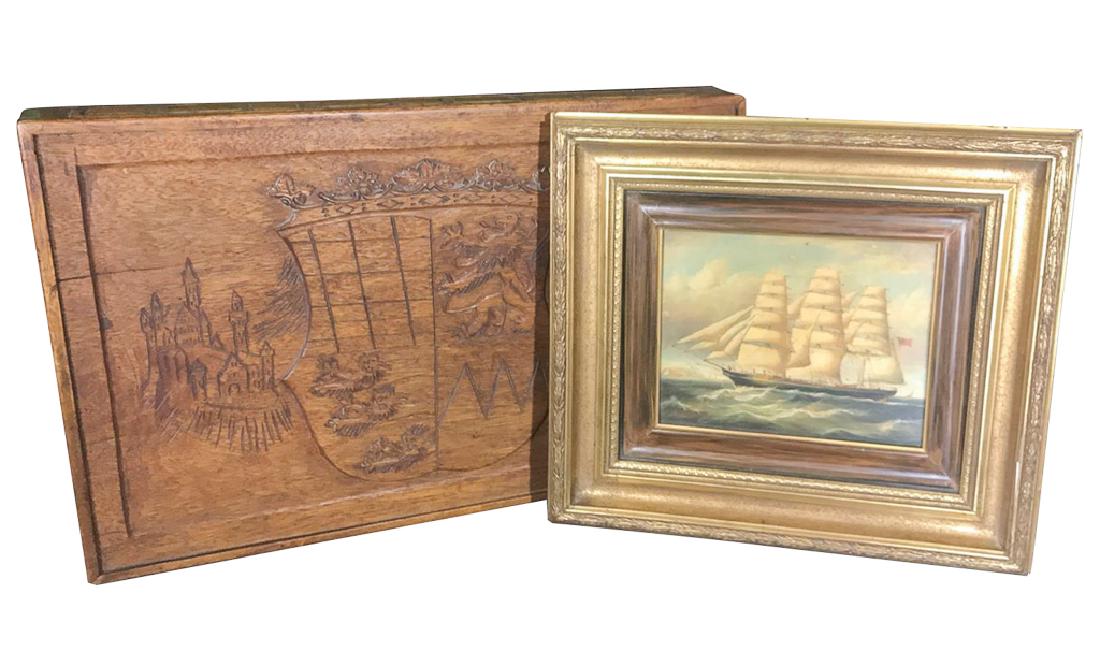 Two Piece Lot, Oil Painting Of Sailing Ship, (1 of 3)