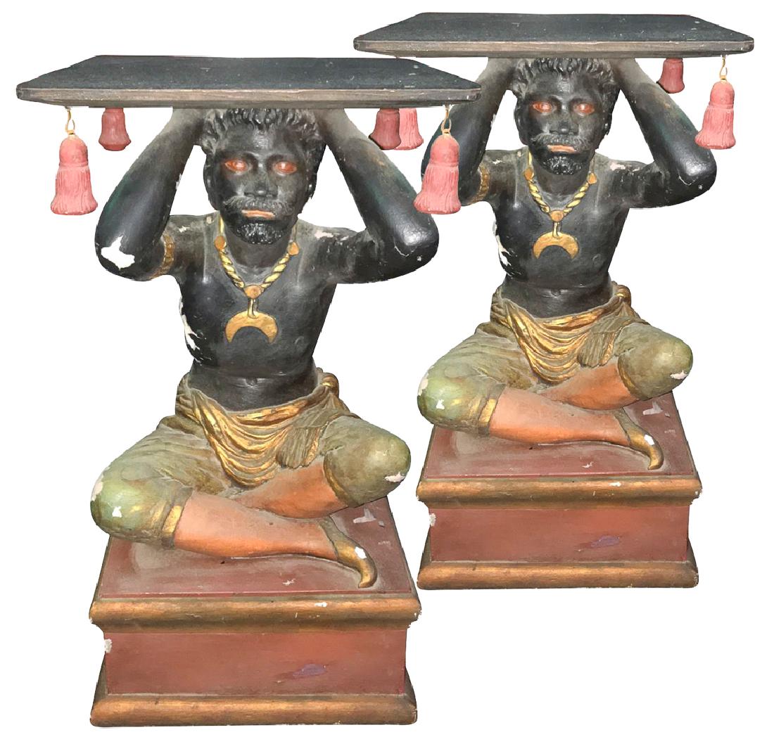 A Pair Of Gesso Polychromed Blackamoor P: Pedestal-tables, With Removable Tray Tops, , 22 H X 12 X 12 Needs Touch-up To Finish As Shown, From Dallas Estate