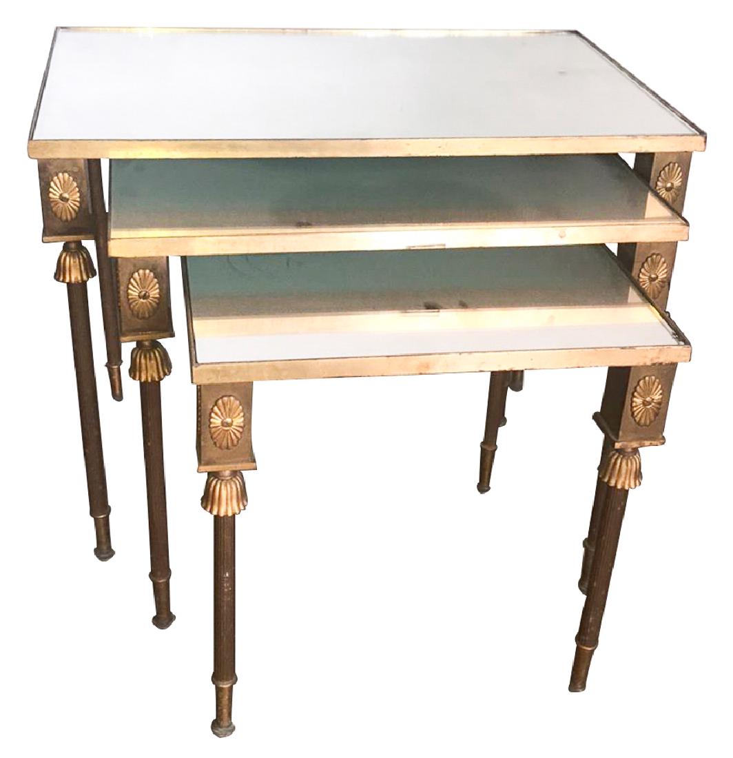 French Bronze Nest Of Tables, Mid Century, W: withmirrored tops, diminutive size, heavy cast; 14 x 17h x 22 w