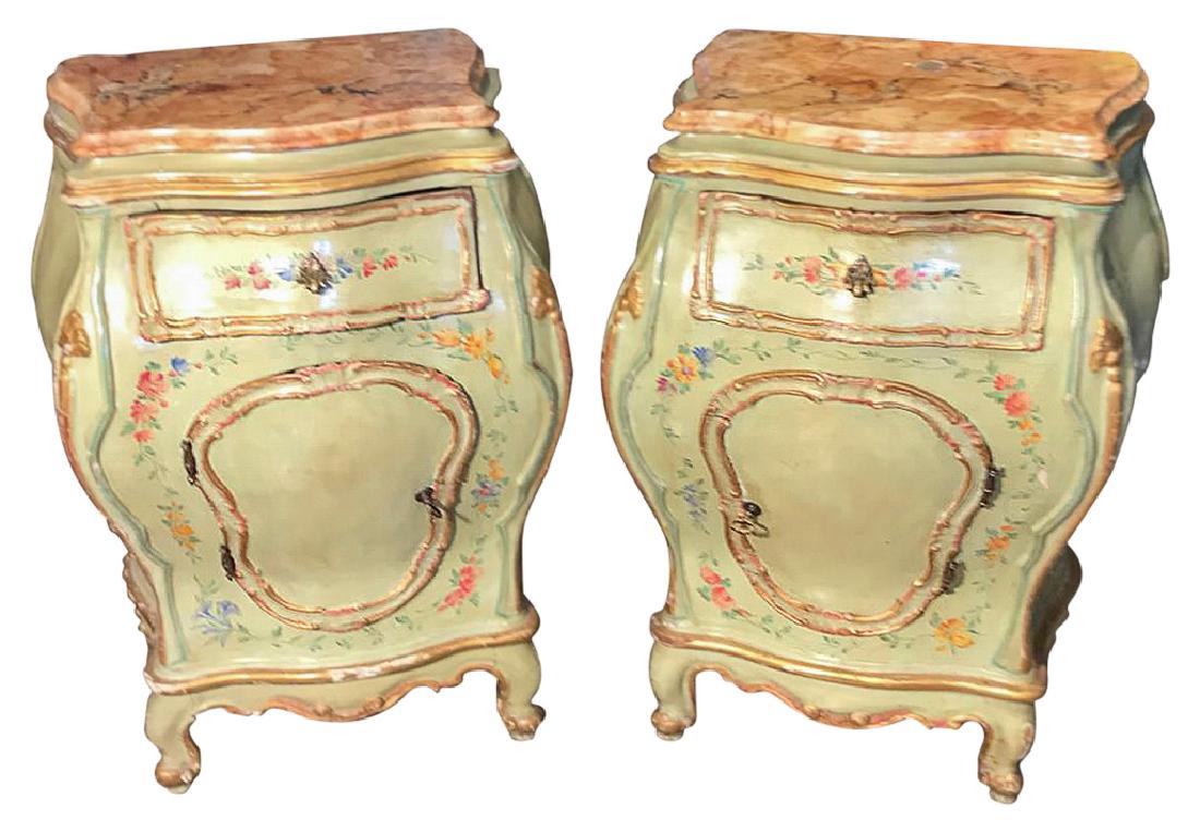 Great Pair Of Venetian Bedside Cupboards,: excellent old paint, bombe form, late 19 th c; with removable faux marble tops; 32 h x 24 w x 16 d Matching bed also in sale.