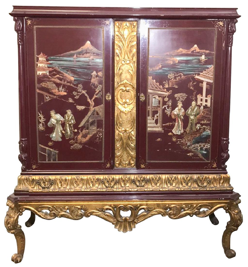 A Chinese Burgundy Lacquered Silver Cabinet, (1 of 6)