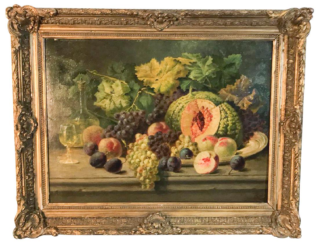 Belgian, Oil On Canvas Still Life With Fruit,: in gilt wood frame, c. Early 20th c., 35 x 28, signed lower right, Rae Cleaned and re-lined condition