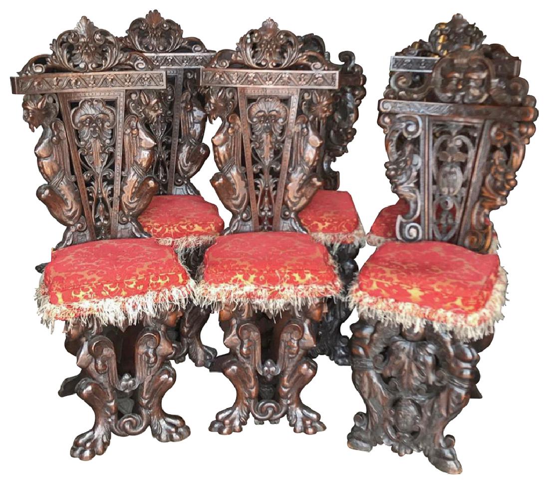 Set Of 6 Italian Carved Walnut Chairs, Baroque (1 of 7)