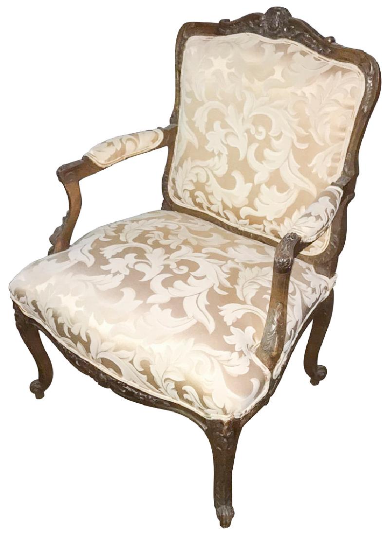 French Louis Xv Walnut Fauteuil, Silk Damask (1 of 4)