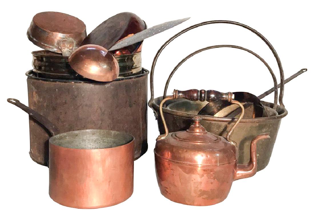 11 Pc Lot Of English Copper And Brass, Pots, (1 of 4)