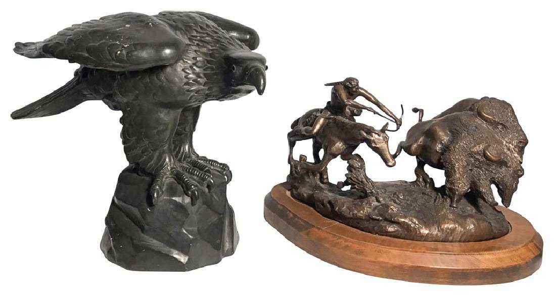 A Terra Cotta Hawk And A 1986 Western P: plaster sculpture